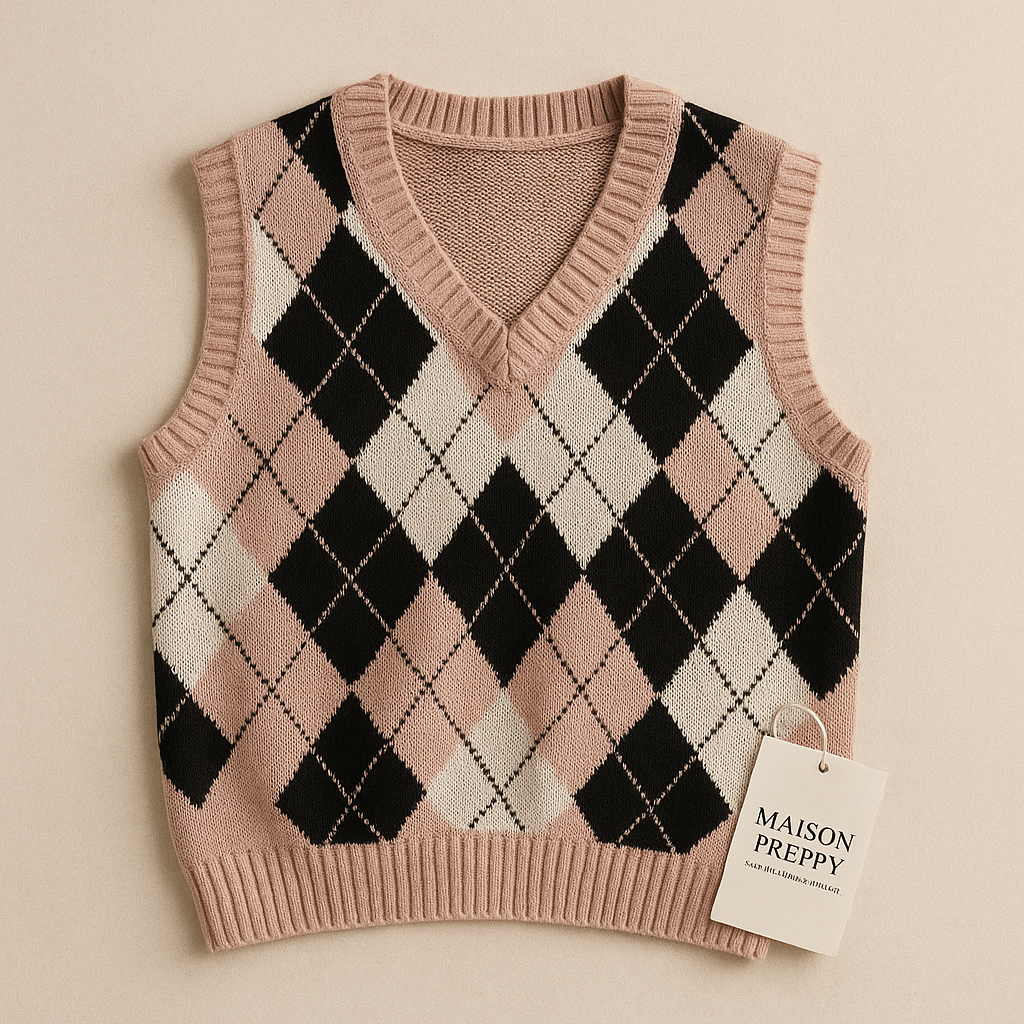 Gilet femme col V en maille à losanges style college coupe loose automne hiver | Maison Préppy