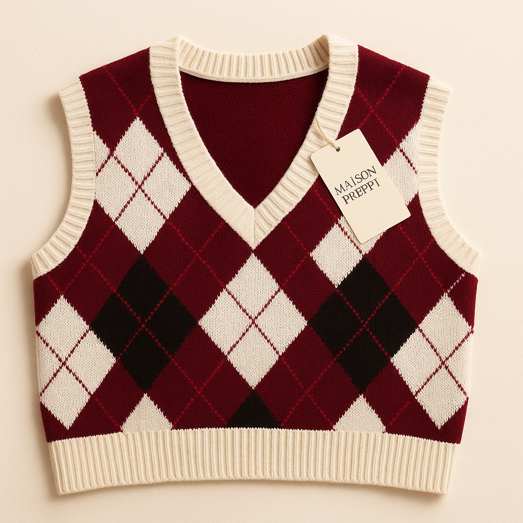 Gilet femme col V en maille à losanges style college coupe loose automne hiver | Maison Préppy
