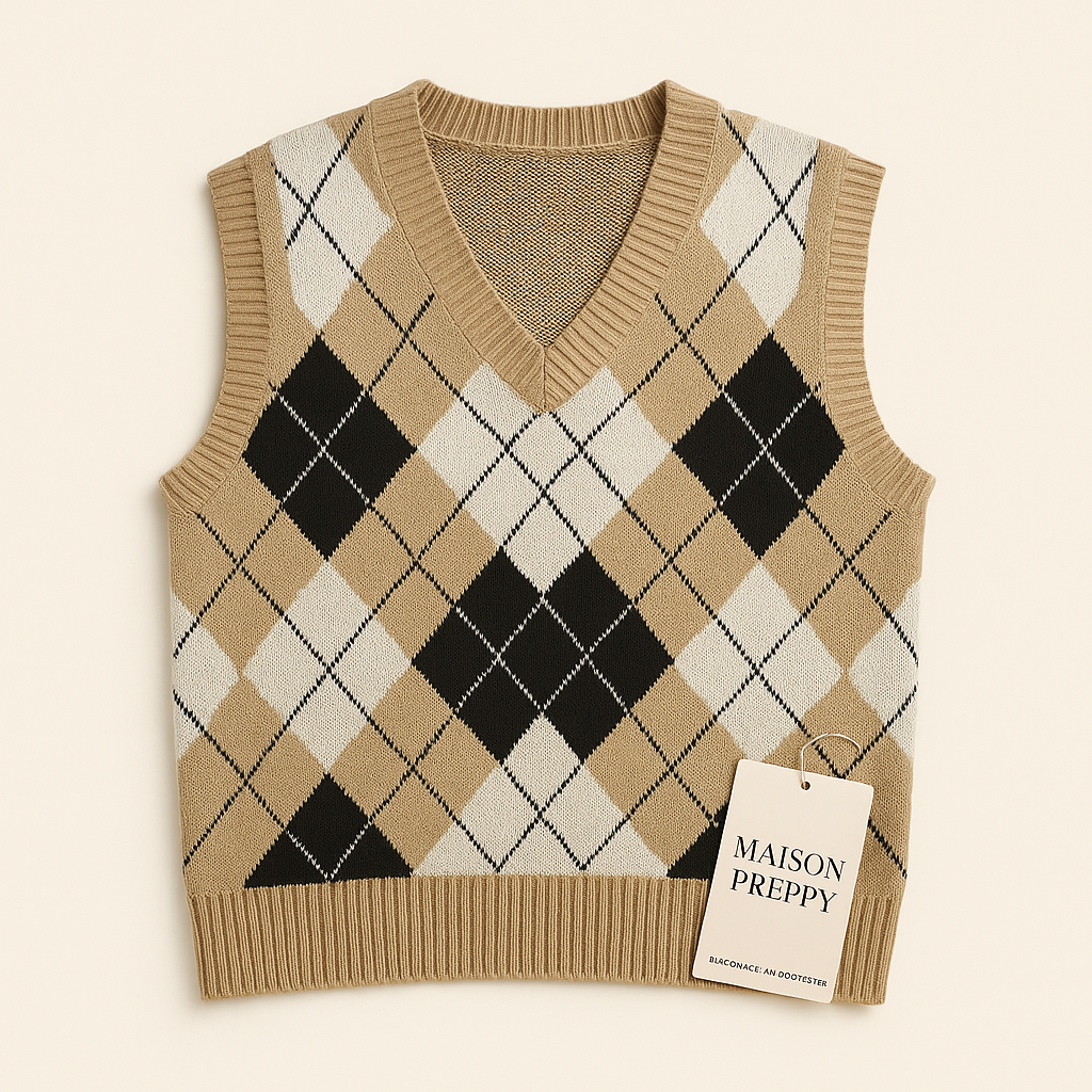 Gilet femme col V en maille à losanges style college coupe loose automne hiver | Maison Préppy