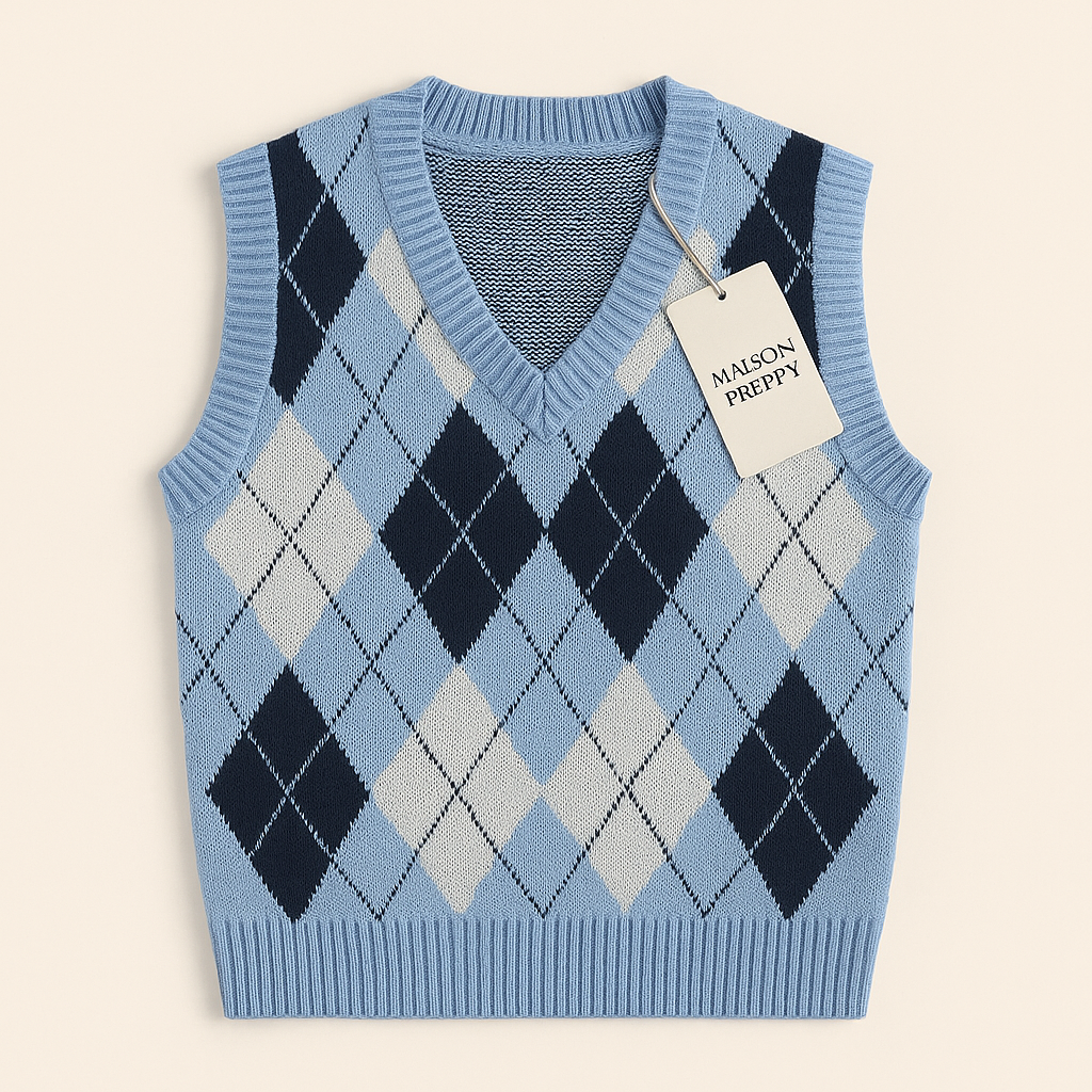 Gilet femme col V en maille à losanges style college coupe loose automne hiver | Maison Préppy