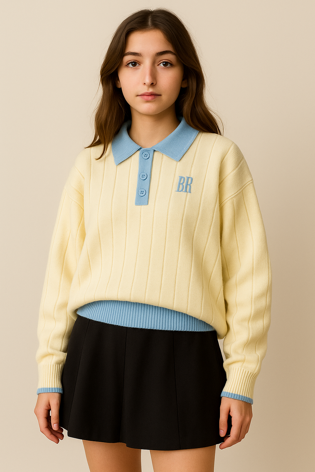 Pull femme col polo brodé en maille contrastée style chic automne hiver | Maison Préppy