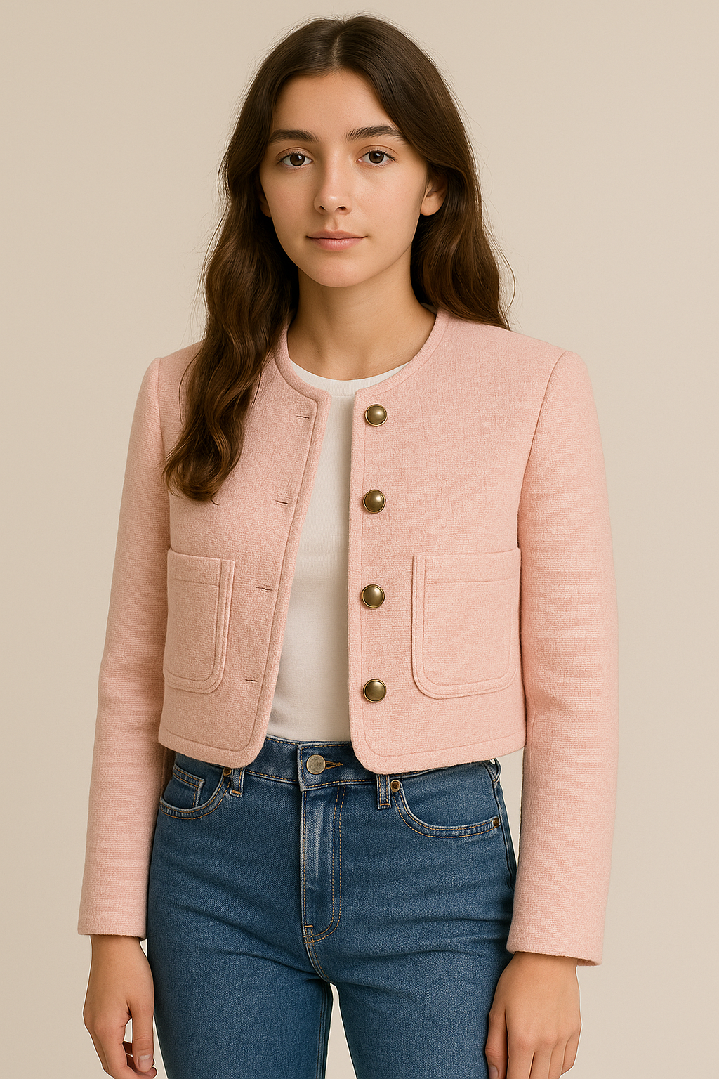 Veste courte femme boutonnée col rond avec poches style élégant automne hiver | Maison Préppy