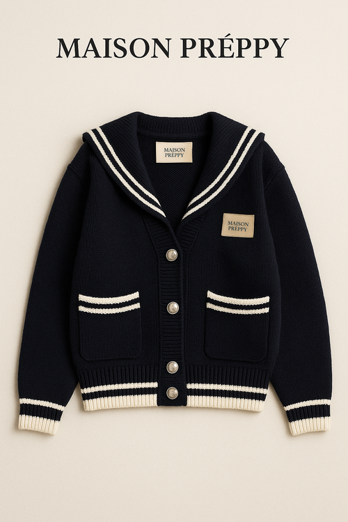 Cardigan femme col marin boutonné en maille coupe loose style preppy automne hiver | Maison Préppy