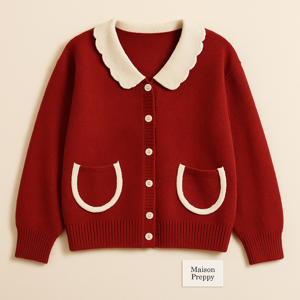 Cardigan rouge femme col V boutonné avec poches coupe loose style vintage hiver | Maison Préppy