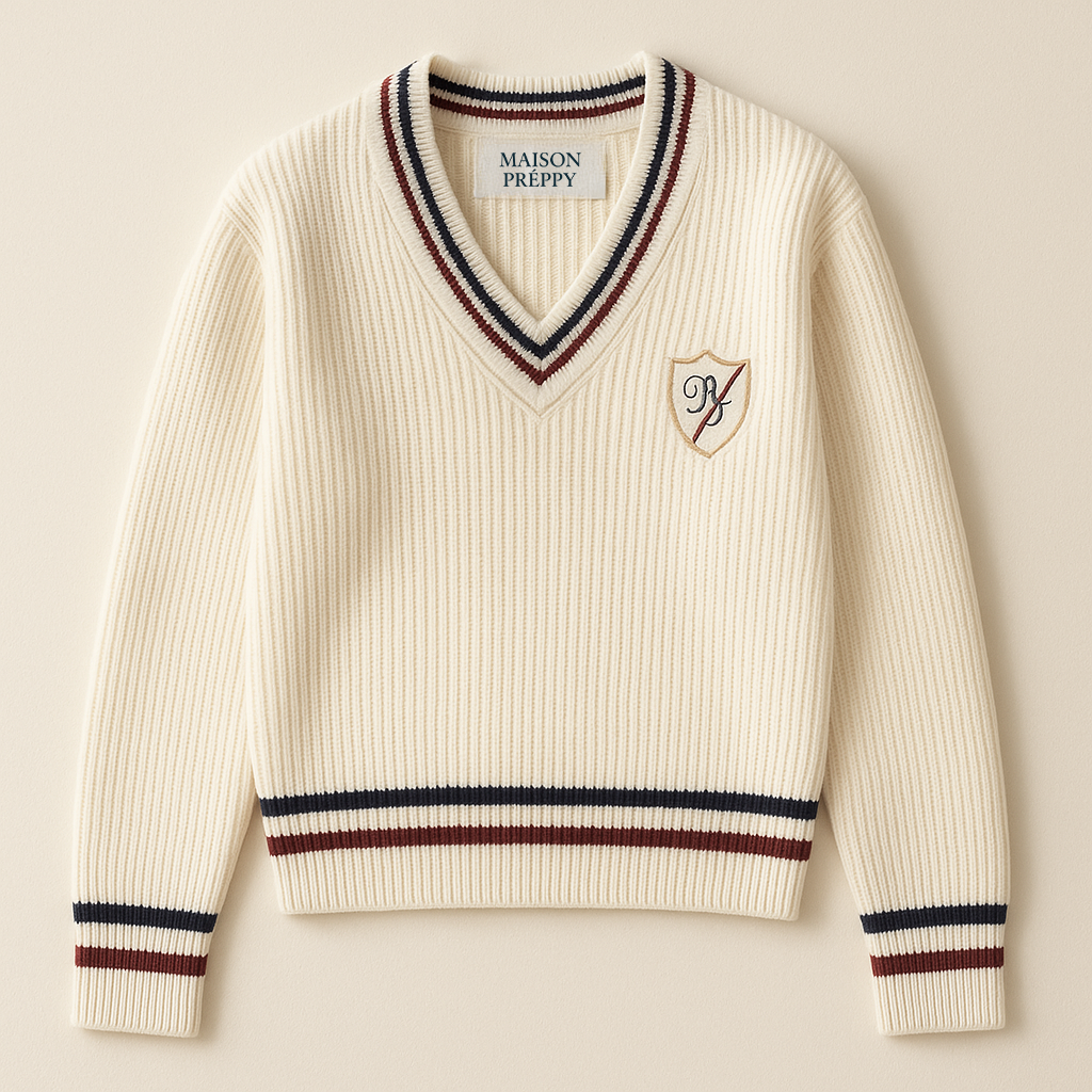 Pull femme col V rayé avec écusson style preppy coupe ample automne hiver | Maison Préppy