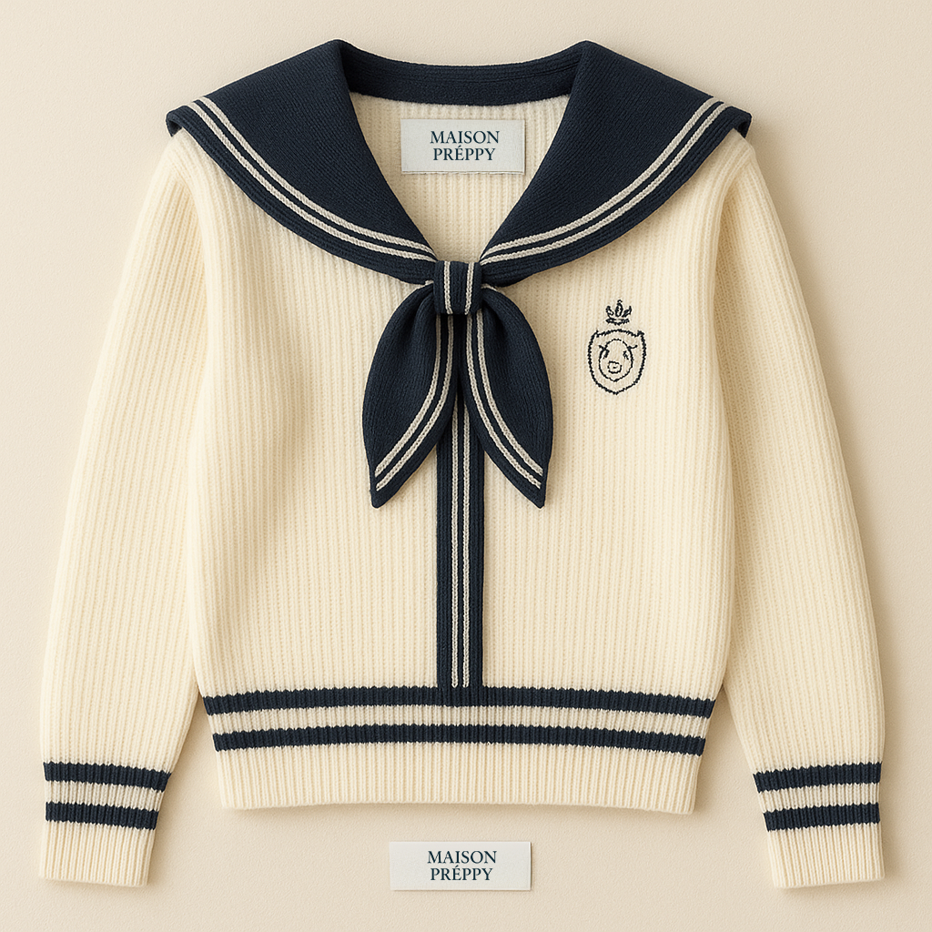Pull femme col marin brodé avec nœud coupe loose style preppy automne hiver | Maison Préppy