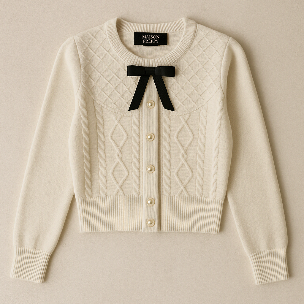 Pull femme col rond avec nœud et losanges style français ajusté automne hiver | Maison Préppy