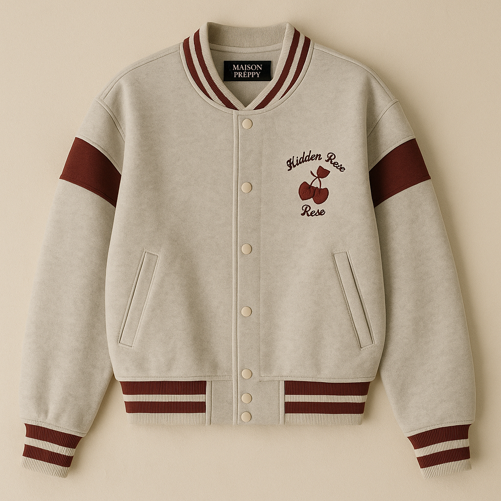 Veste femme brodée cerise col baseball coupe loose style rétro mi-saison | Maison Préppy