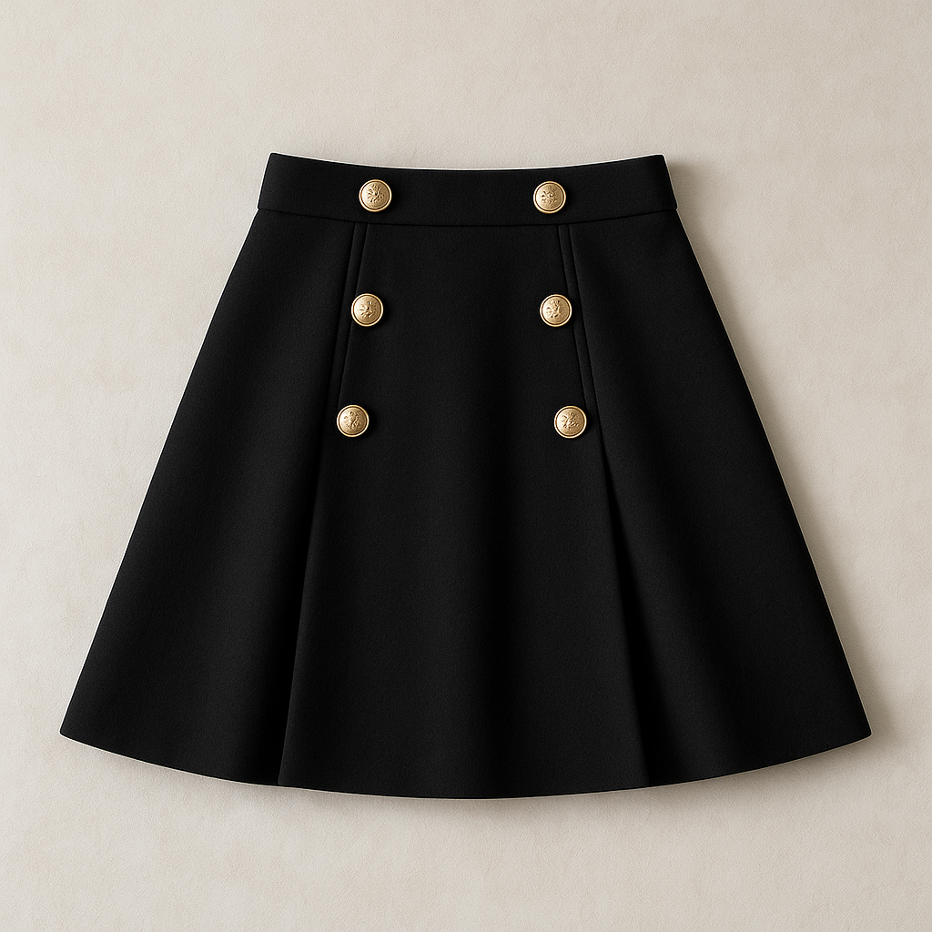 Jupe plissée femme taille haute coupe trapèze unie à boutons mi-saison | Maison Préppy