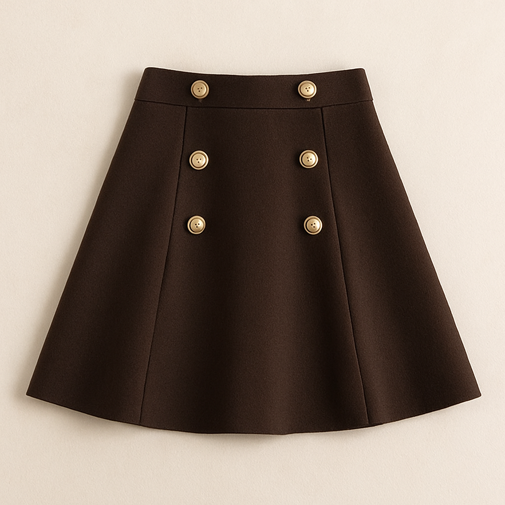 Jupe plissée femme taille haute coupe trapèze unie à boutons mi-saison | Maison Préppy