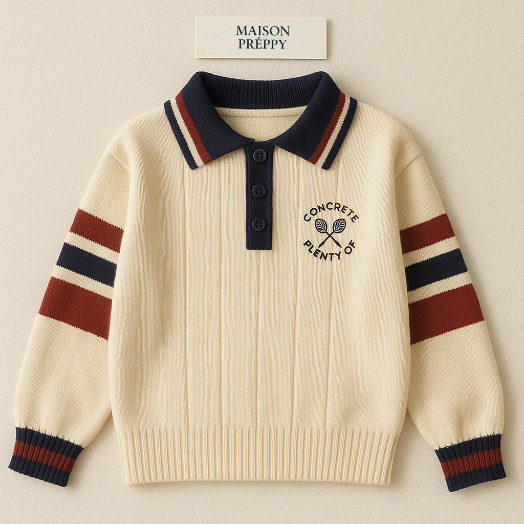 Pull femme col polo rayé brodé maille chic style preppy automne hiver | Maison Préppy