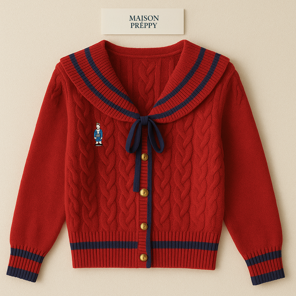 Cardigan rouge femme col marin avec nœud style vintage chic automne hiver | Maison Préppy