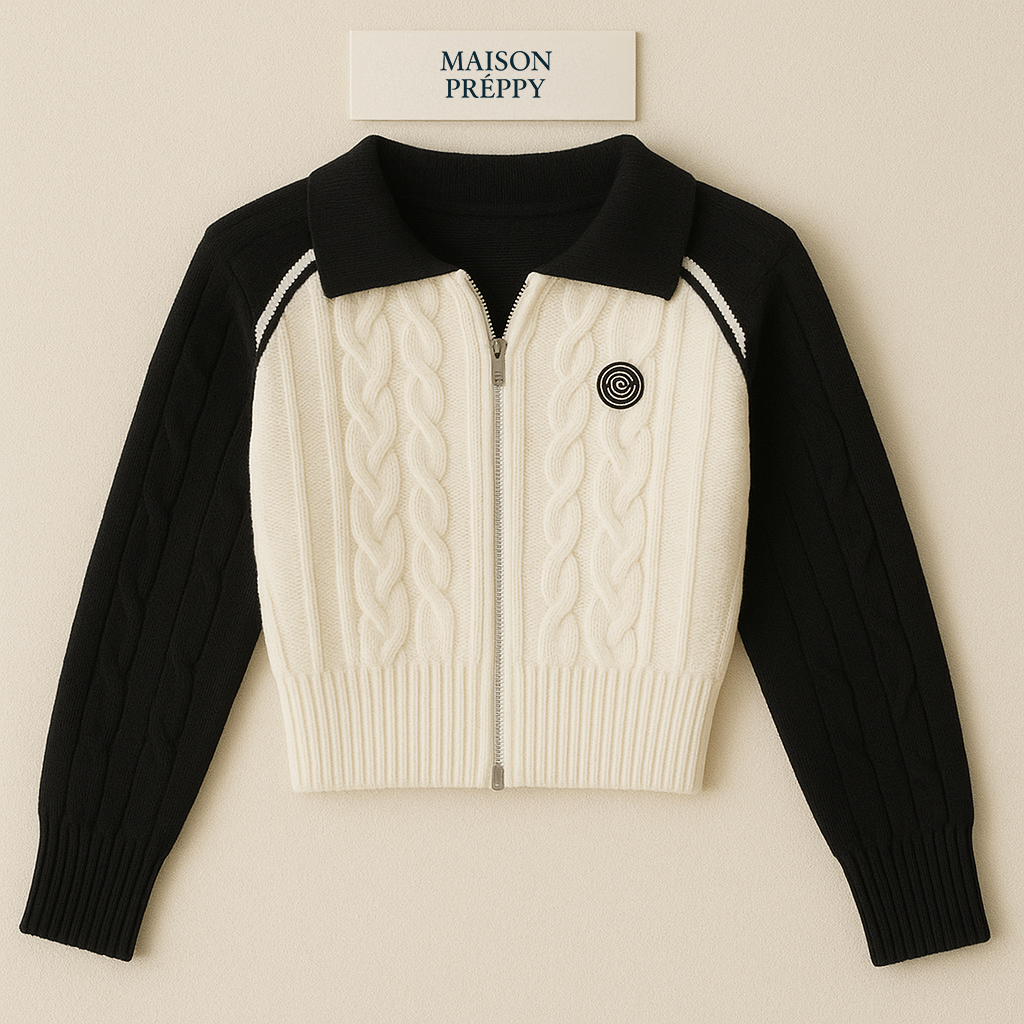 Cardigan zippé femme col polo avec écusson et couleurs contrastées style vintage hiver | Maison Préppy