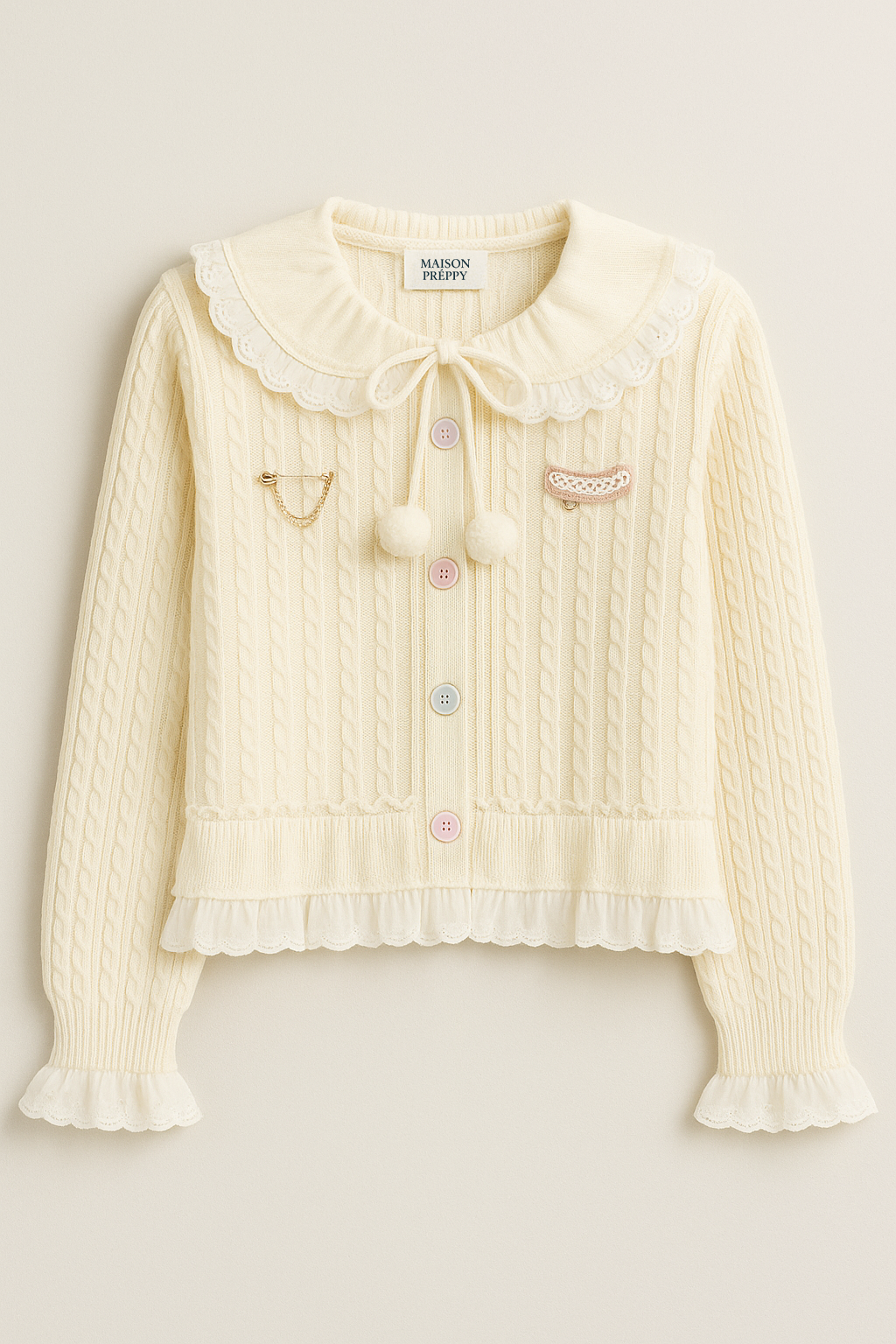 Cardigan femme col rond avec dentelle en maille unie coupe loose mi-saison | Maison Préppy