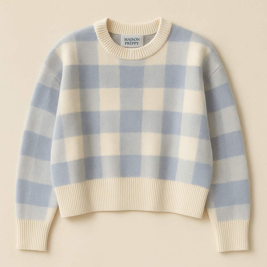 Pull femme à carreaux col rond manches longues coupe ample chic automne | Maison Préppy