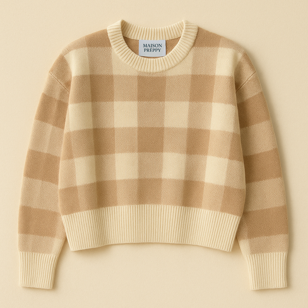 Pull femme à carreaux col rond manches longues coupe ample chic automne | Maison Préppy