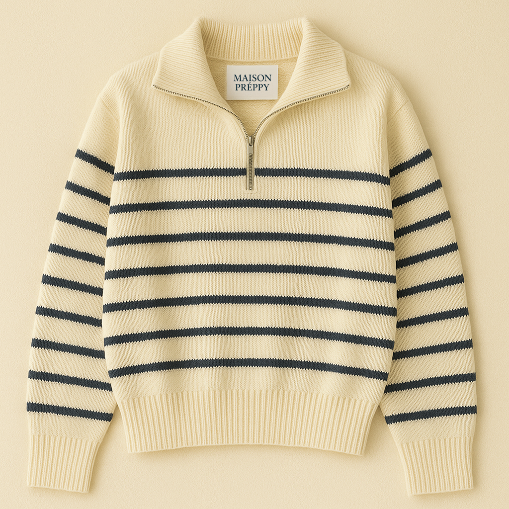 Pull femme rayé col polo zippé en maille couleurs contrastées automne hiver | Maison Préppy