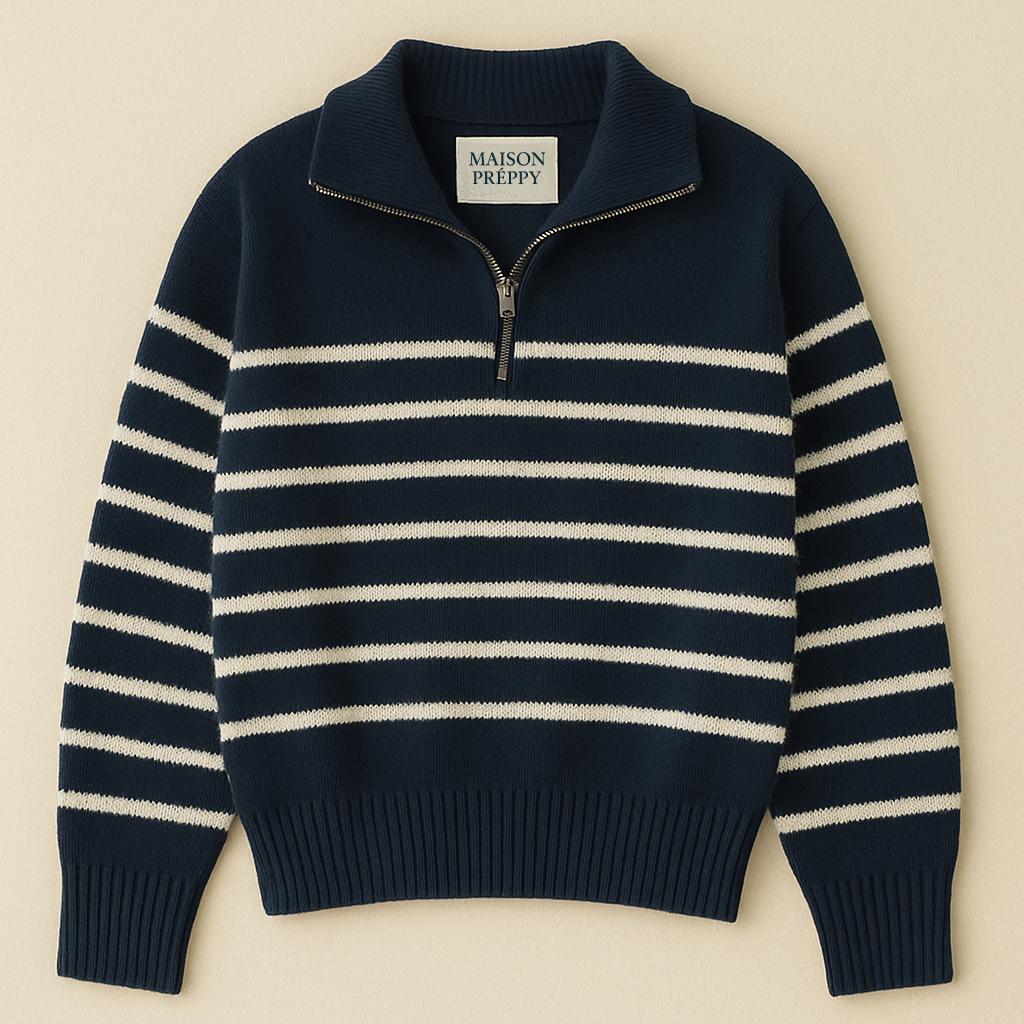 Pull femme rayé col polo zippé en maille couleurs contrastées automne hiver | Maison Préppy