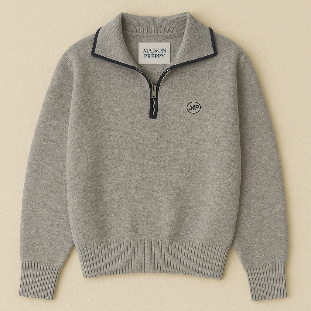 Pull femme col chemise brodé zippé en maille couleurs contrastées automne hiver | Maison Préppy