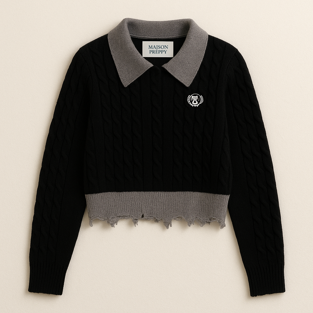Pull femme col polo effet deux-en-un brodé avec écusson style preppy automne hiver | Maison Préppy