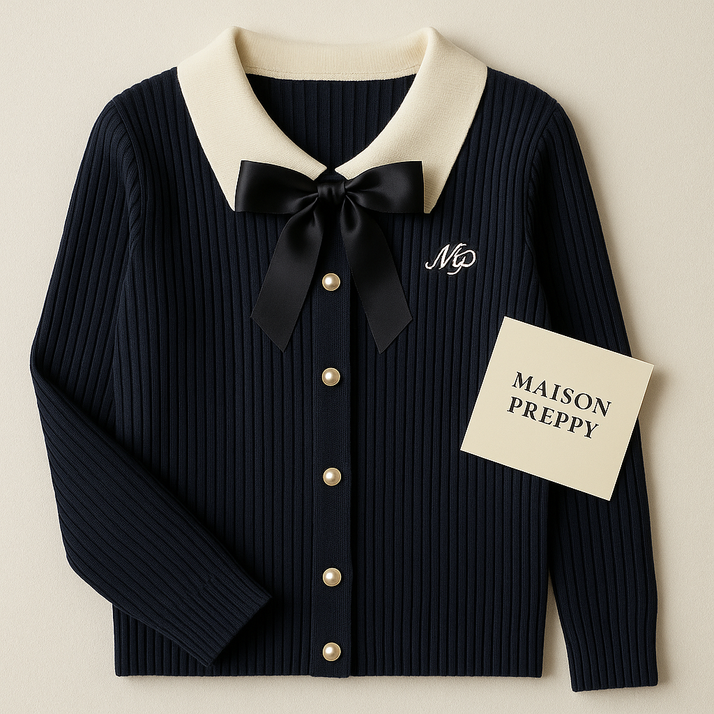 Cardigan femme col Claudine avec nœud en maille unie boutonné style preppy automne hiver | Maison Préppy