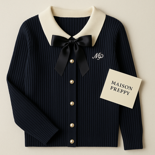 Cardigan femme col Claudine avec nœud en maille unie boutonné style preppy automne hiver | Maison Préppy