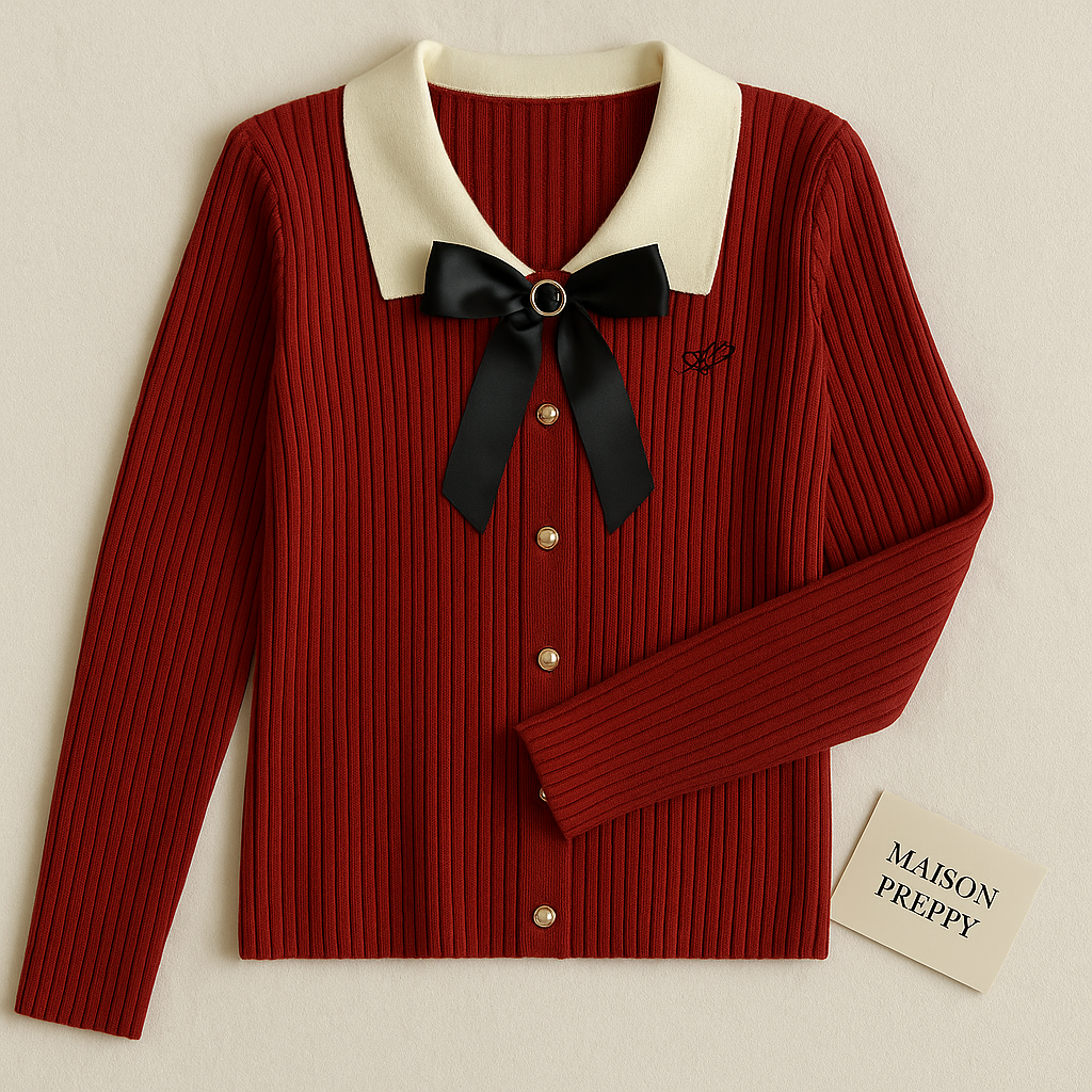 Cardigan femme col Claudine avec nœud en maille unie boutonné style preppy automne hiver | Maison Préppy
