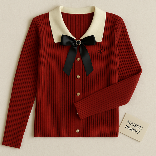Cardigan femme col Claudine avec nœud en maille unie boutonné style preppy automne hiver | Maison Préppy