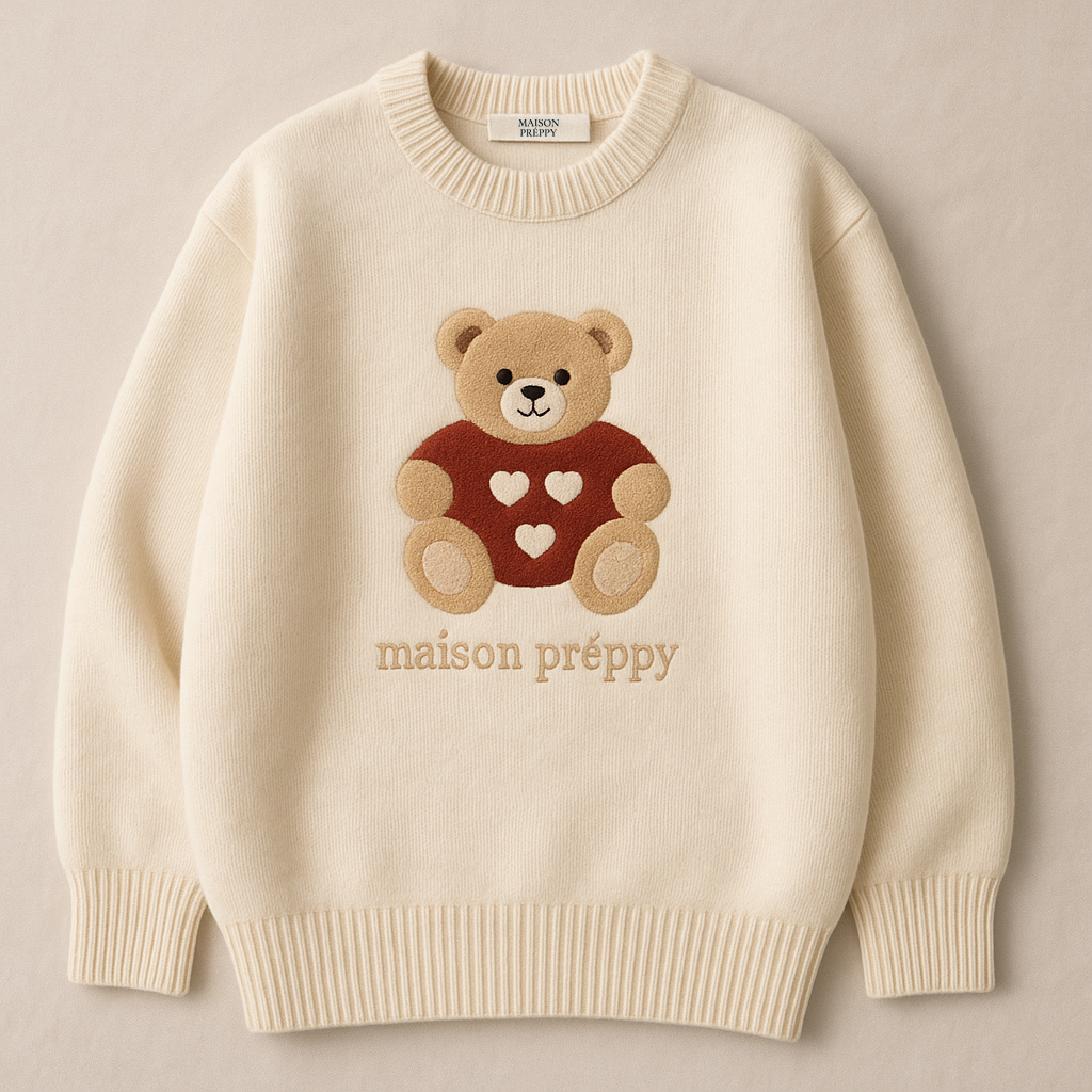 Pull femme motif ourson style vintage brodé col rond coupe loose automne hiver | Maison Préppy