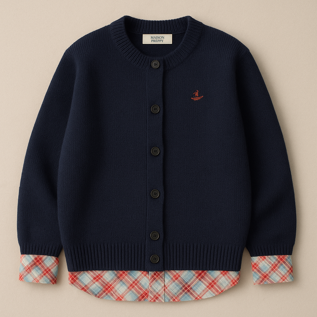 Pull femme à carreaux effet deux-en-un brodé coupe ample style vintage automne hiver | Maison Préppy