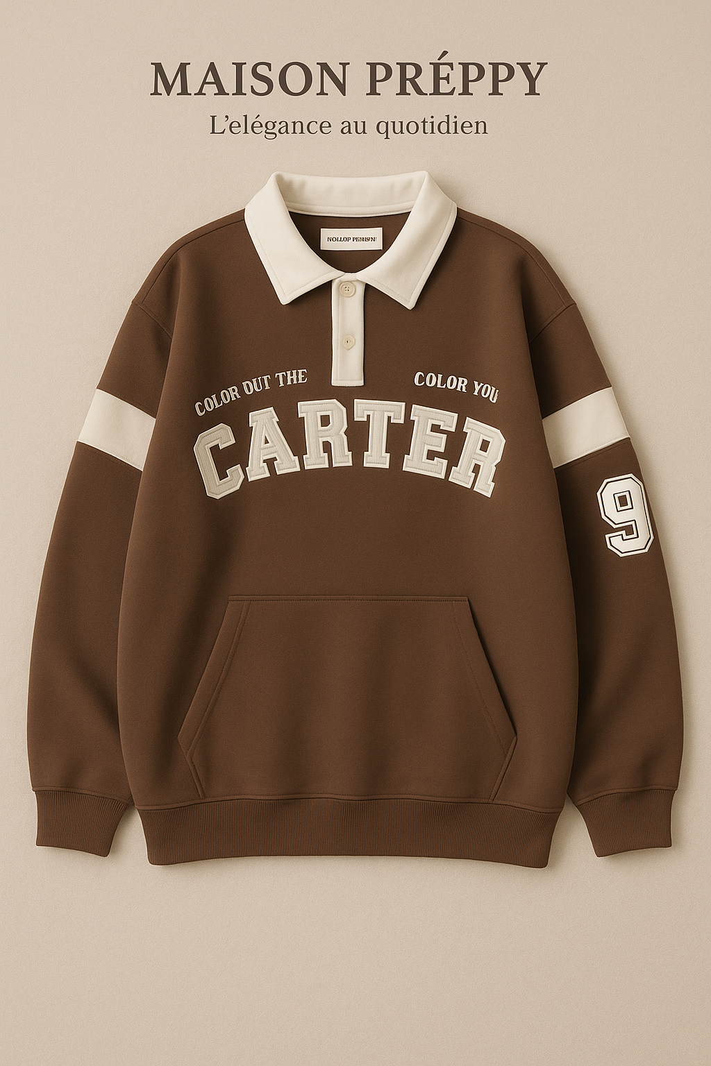 Pull oversize femme col polo imprimé lettres style college rétro mi-saison | Maison Préppy