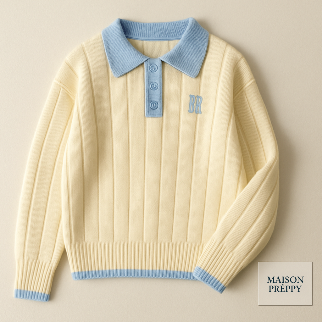 Pull femme col polo brodé en maille contrastée style chic automne hiver | Maison Préppy
