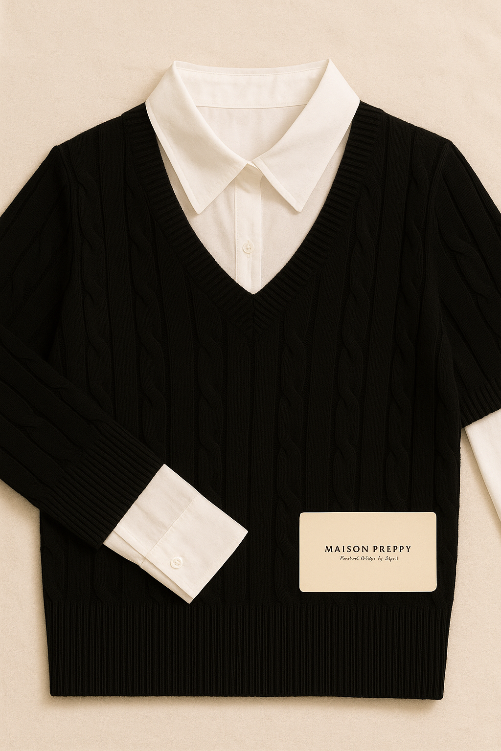 Pull femme effet deux-en-un col polo boutonné manches longues coupe loose mi-saison | Maison Préppy
