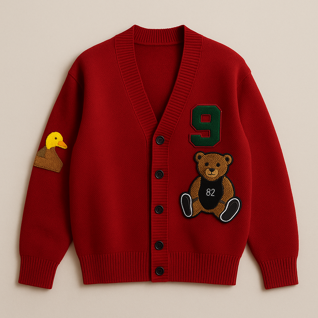 Cardigan femme brodé motif ourson en maille coupe ample style preppy automne hiver | Maison Préppy