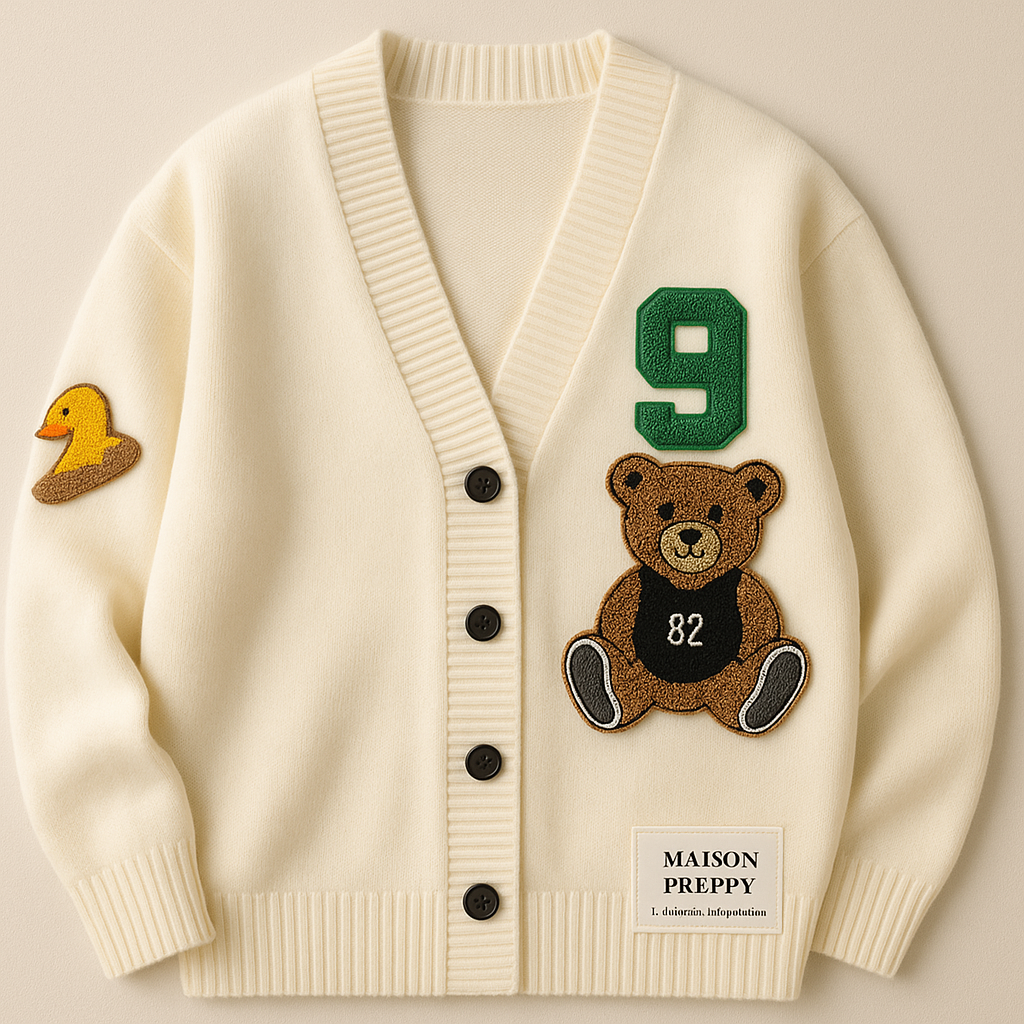 Cardigan femme brodé motif ourson en maille coupe ample style preppy automne hiver | Maison Préppy