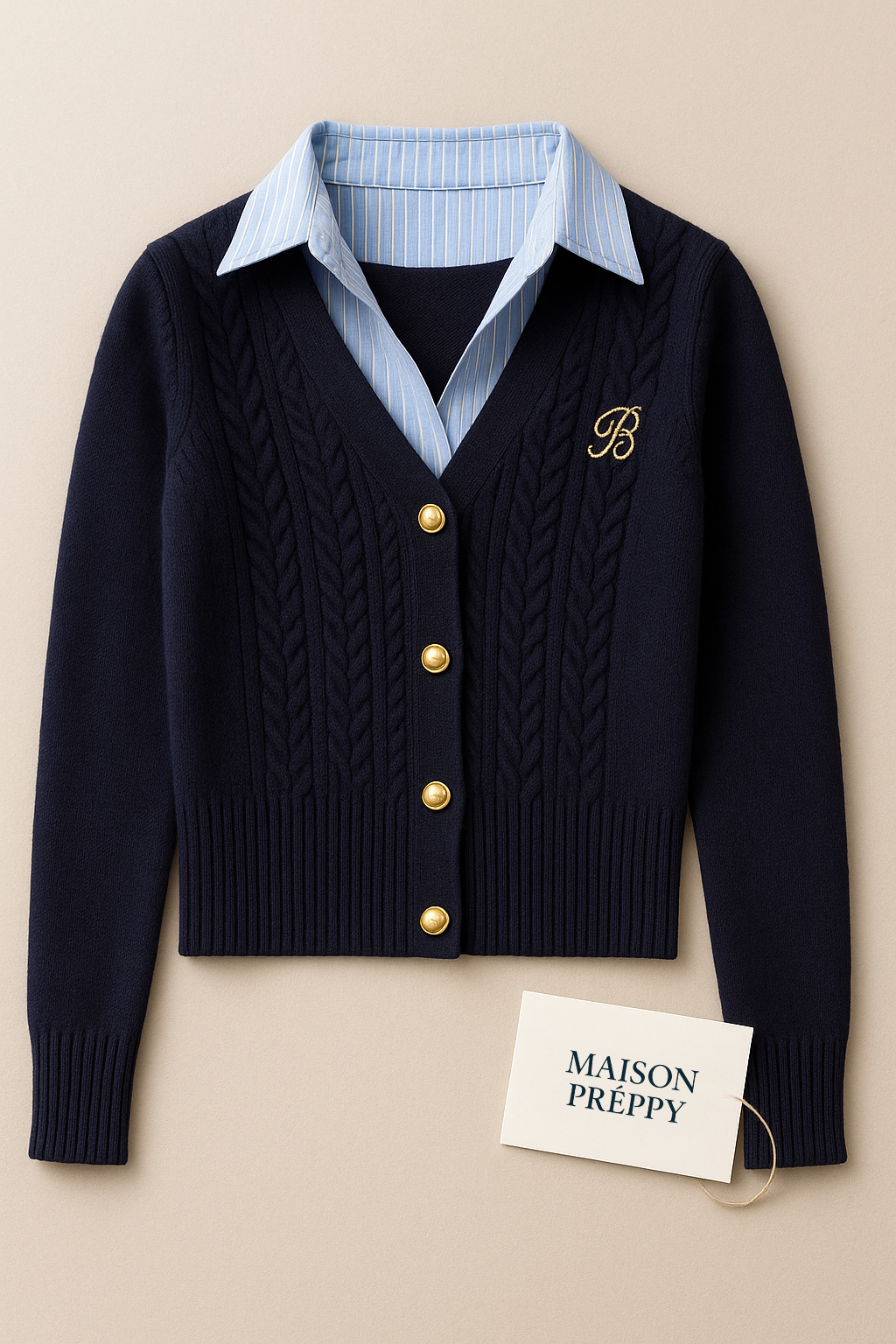 Cardigan court femme col V ajusté brodé style preppy chic automne hiver | Maison Préppy