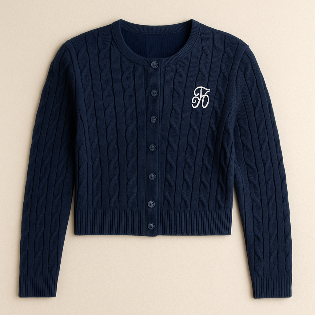 Cardigan femme en maille torsadée brodé style classique français uni début d’automne | Maison Préppy