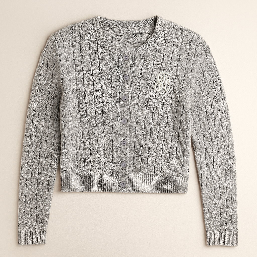 Cardigan femme en maille torsadée brodé style classique français uni début d’automne | Maison Préppy