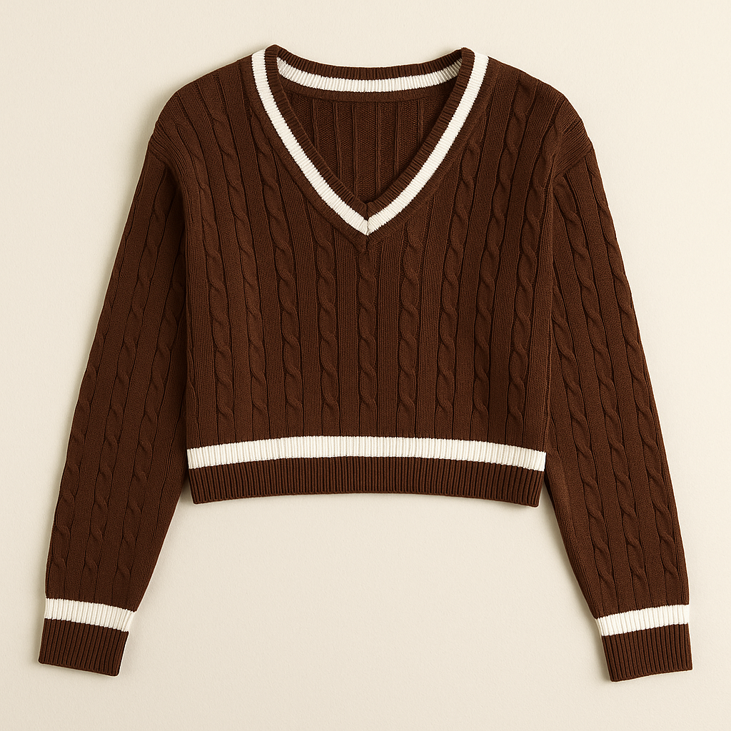 Pull court femme col V manches longues en maille unie automne chic | Maison Préppy