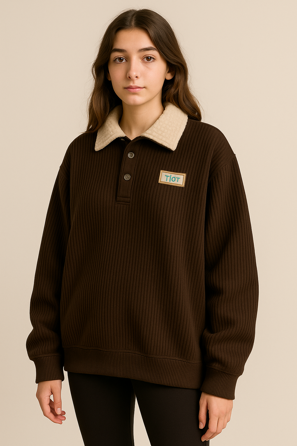 Sweat oversize femme en velours côtelé marron col polo style vintage hiver | Maison Préppy