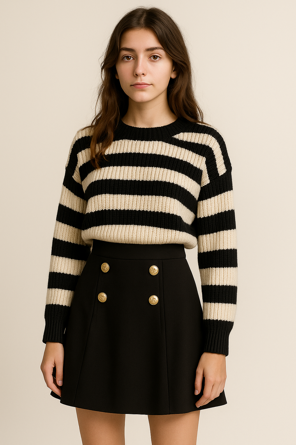 Jupe plissée femme taille haute coupe trapèze unie à boutons mi-saison | Maison Préppy