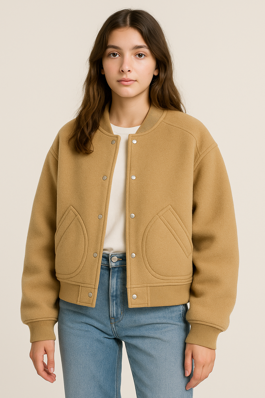 Veste femme col baseball unie coupe loose boutonnée style épais hiver | Maison Préppy