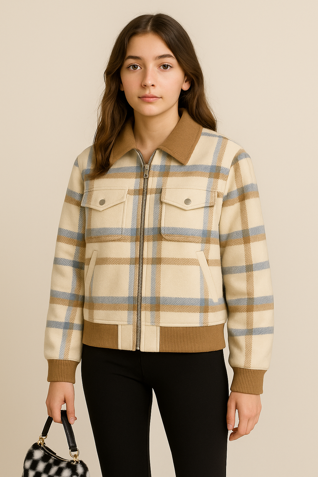 Veste femme zippée à carreaux col chemise style vintage automne hiver | Maison Préppy