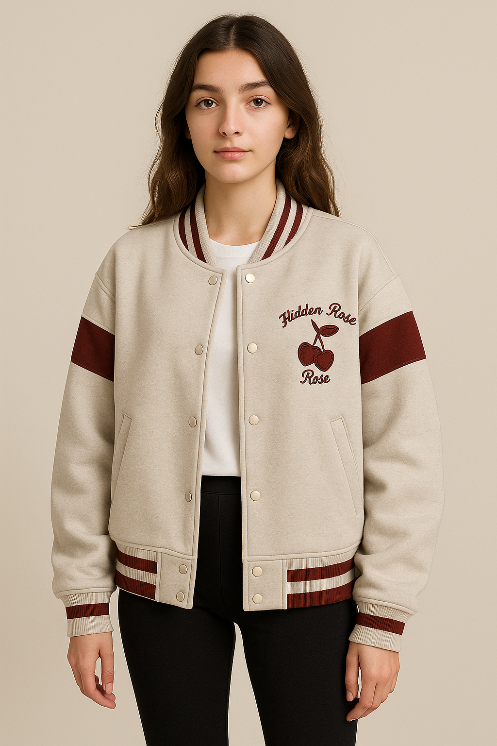 Veste femme brodée cerise col baseball coupe loose style rétro mi-saison | Maison Préppy