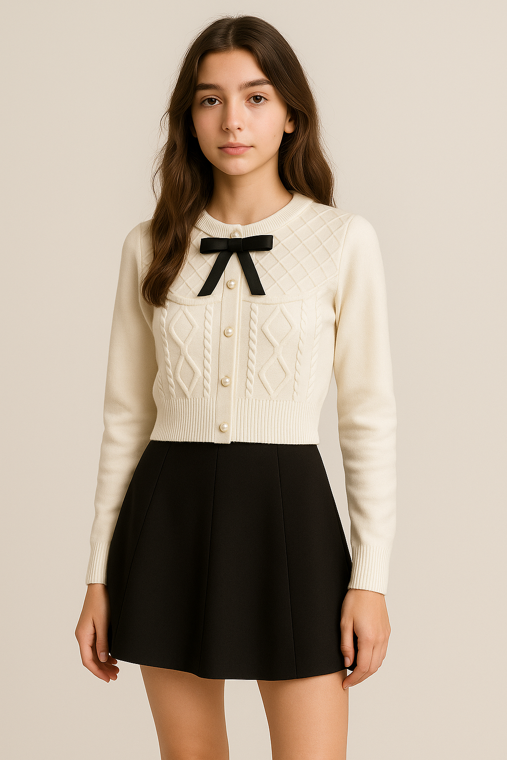 Pull femme col rond avec nœud et losanges style français ajusté automne hiver | Maison Préppy