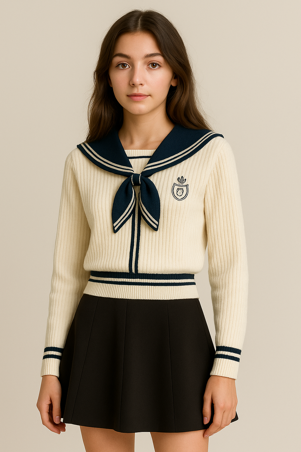 Pull femme col marin brodé avec nœud coupe loose style preppy automne hiver | Maison Préppy