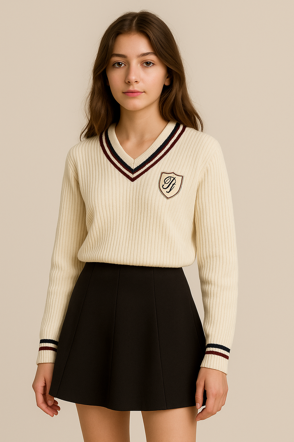 Pull femme col V rayé avec écusson style preppy coupe ample automne hiver | Maison Préppy