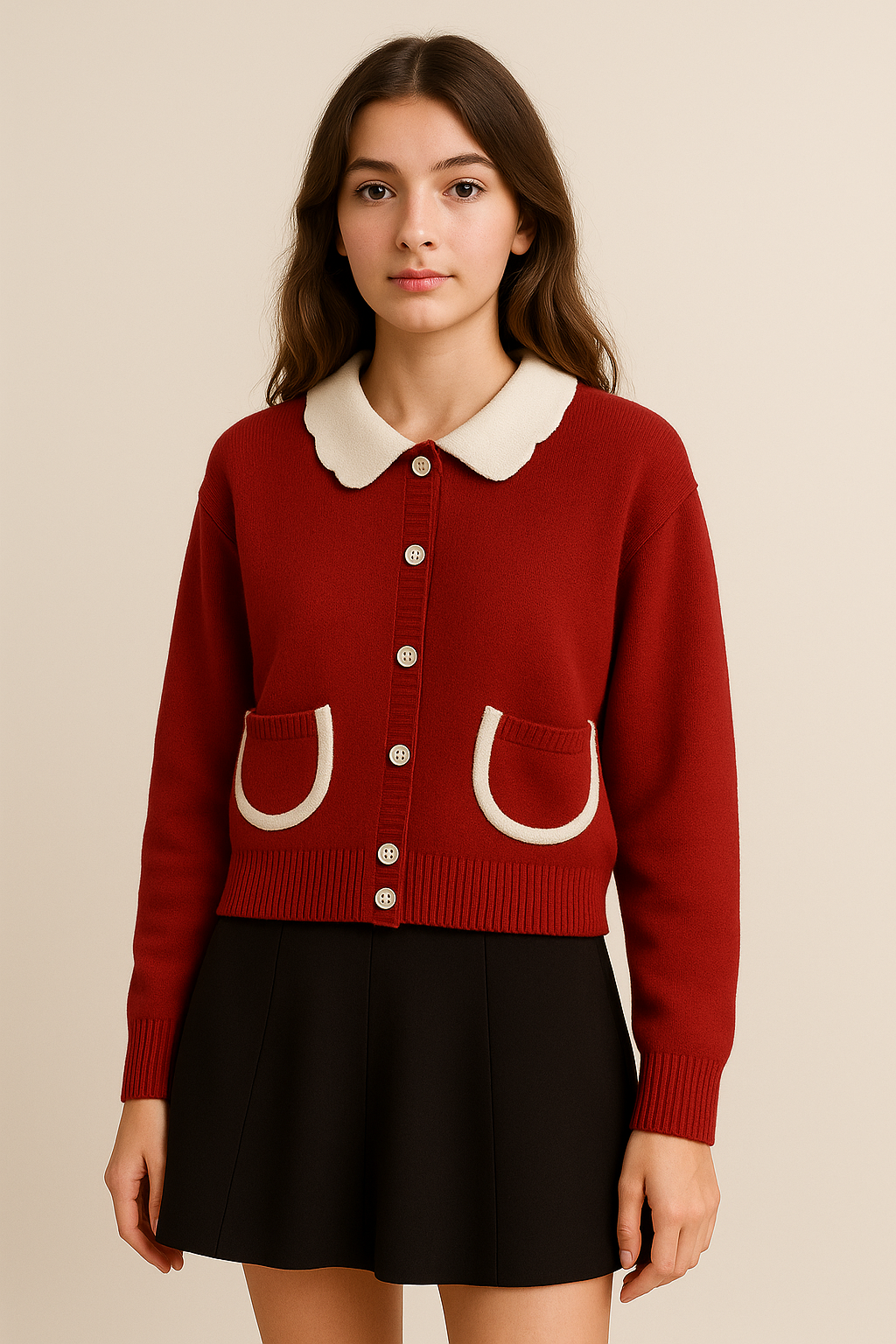 Cardigan rouge femme col V boutonné avec poches coupe loose style vintage hiver | Maison Préppy