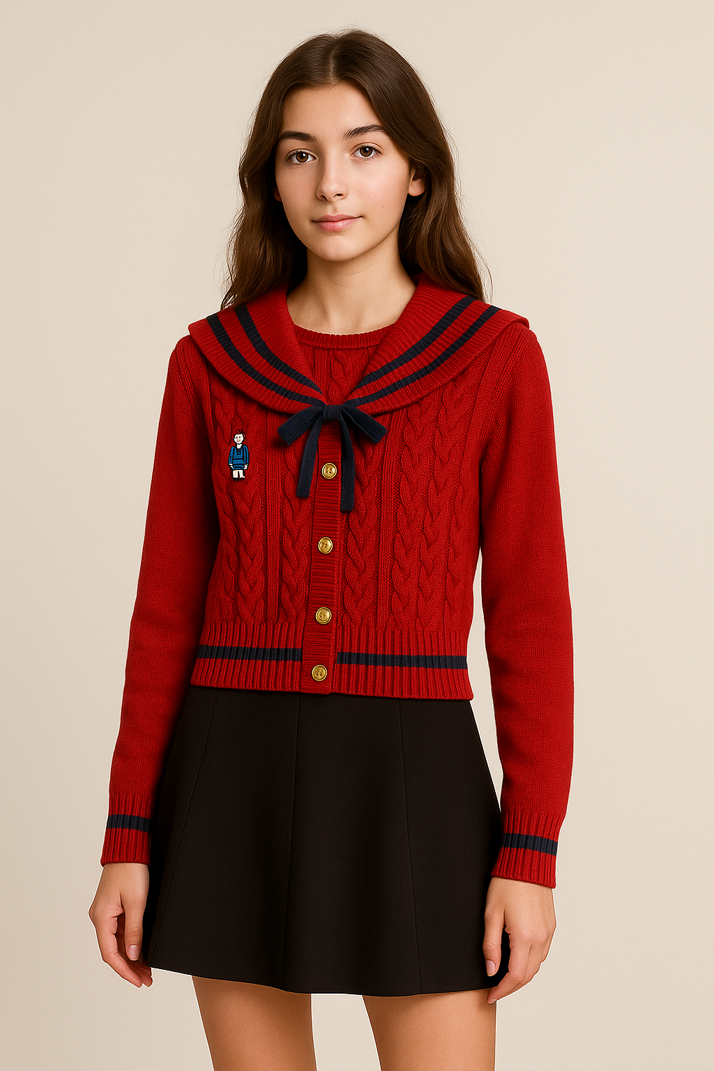 Cardigan rouge femme col marin avec nœud style vintage chic automne hiver | Maison Préppy