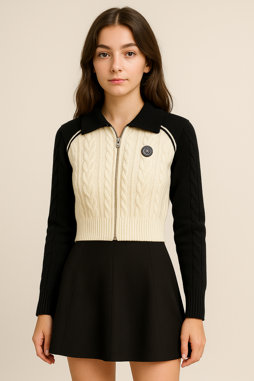 Cardigan zippé femme col polo avec écusson et couleurs contrastées style vintage hiver | Maison Préppy